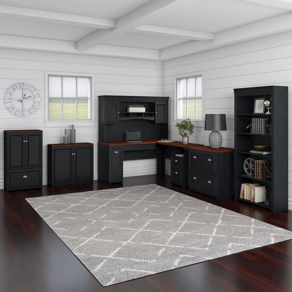 Fairview 60W L Shaped Desk with Lateral File Cabinet and 5 Shelf Bookcase. Picture 3