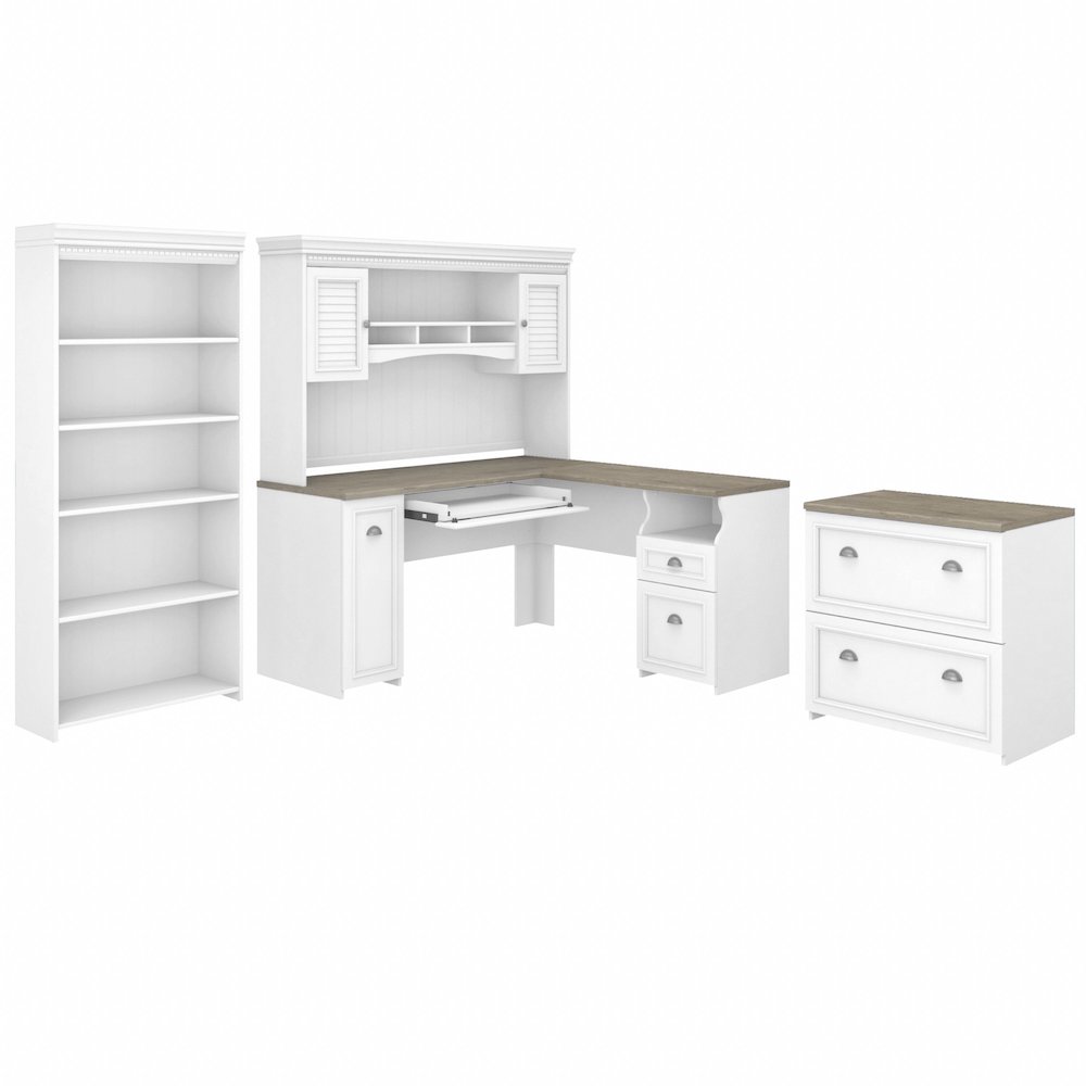Fairview 60W L Shaped Desk with Hutch, Lateral File Cabinet and 5 Shelf Bookcase. Picture 1