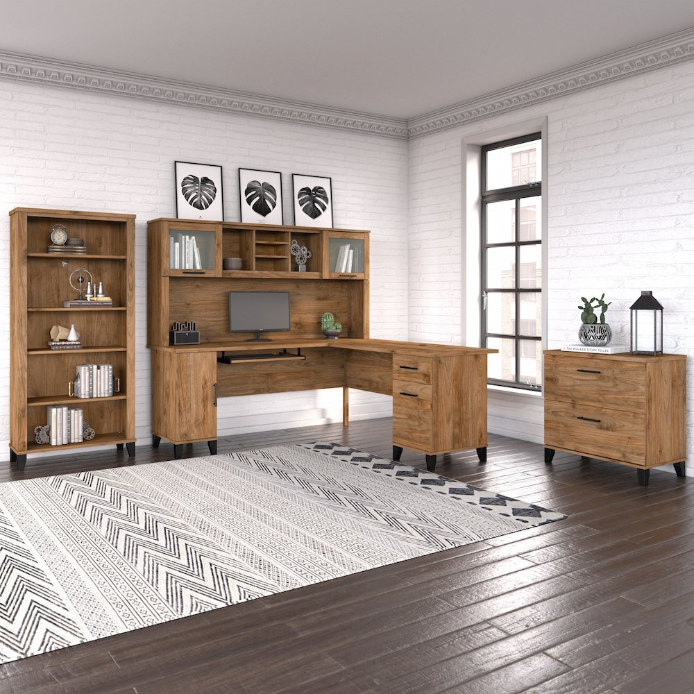Somerset 72W L Shaped Desk with Hutch, Lateral File Cabinet and Bookcase. Picture 2