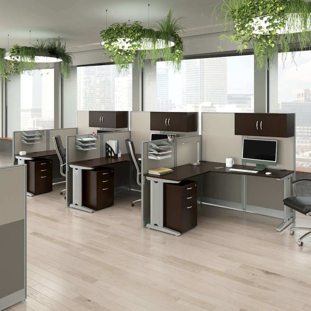 3 Person L Shaped Cubicle Desks with Storage, Drawers, and Organizers. Picture 2