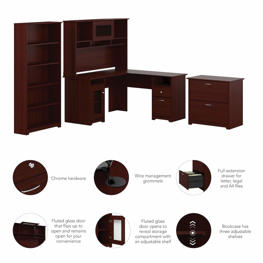 Cabot 60W L Shaped Computer Desk with Hutch, File Cabinet and Bookcase. Picture 8