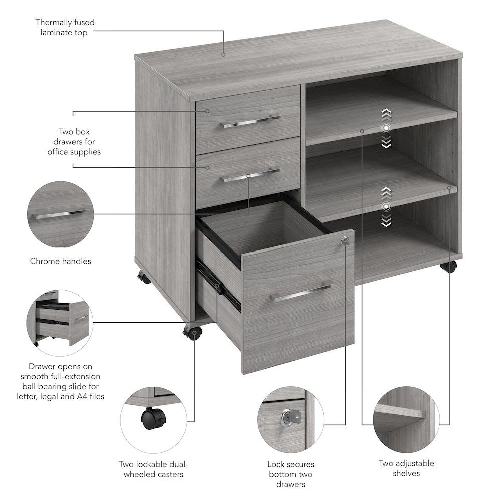 Hustle Rolling Storage Cabinet with Drawers and Shelves in Platinum Gray. Picture 9