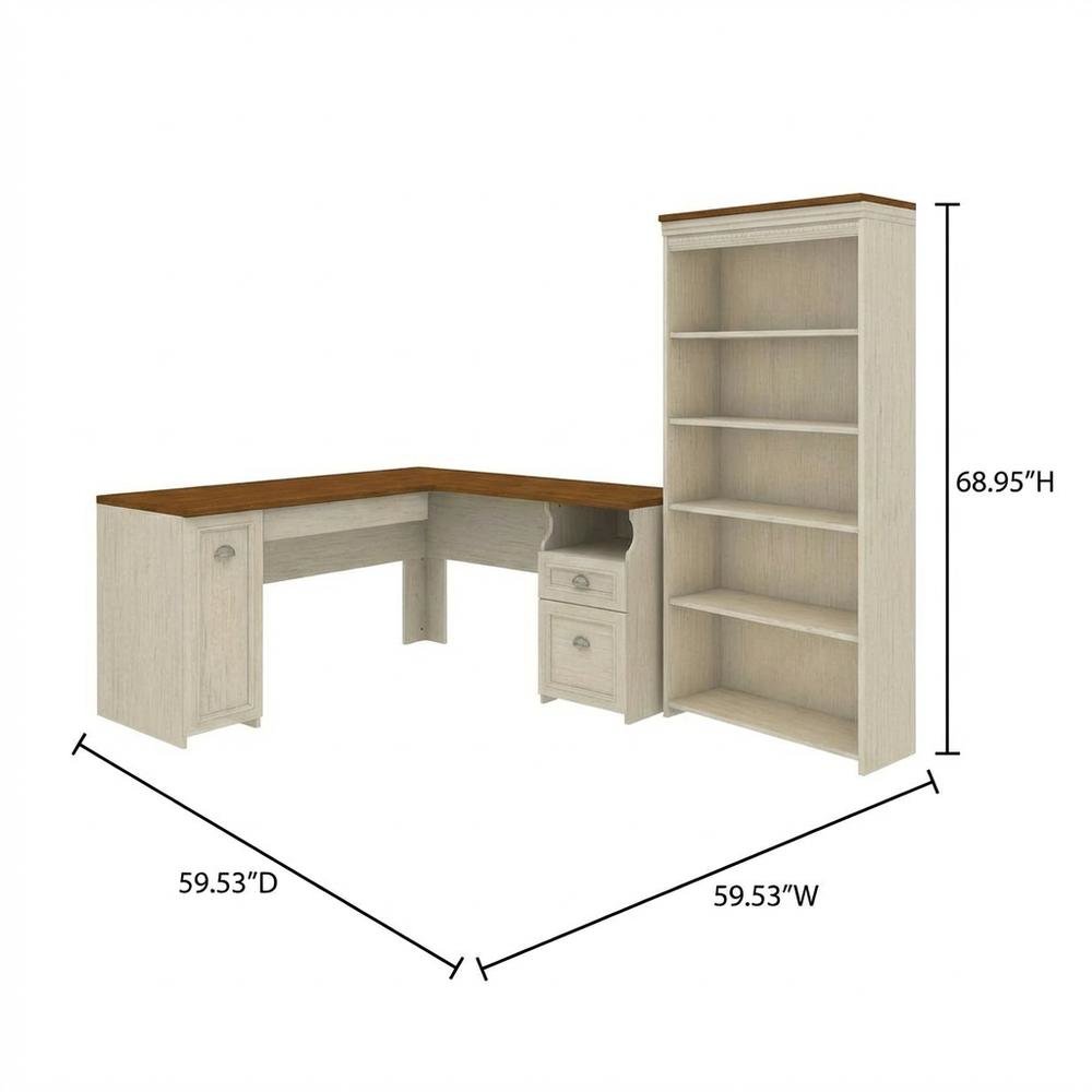 Ivory L Shaped Desk With File Cabinet And Bookcase For Home Office. Picture 7