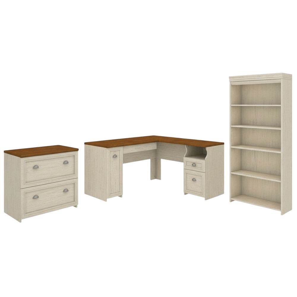 Ivory L Shaped Desk With File Cabinet And Bookcase For Home Office. Picture 1