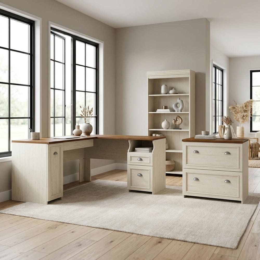 Ivory L Shaped Desk With File Cabinet And Bookcase For Home Office. Picture 3