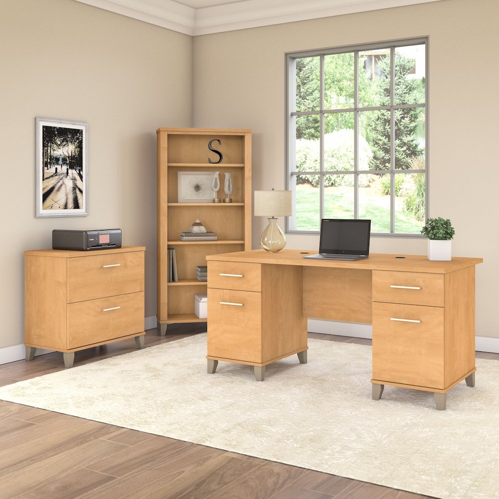 Somerset 60W Office Desk with Lateral File Cabinet and 5 Shelf Bookcase. Picture 2