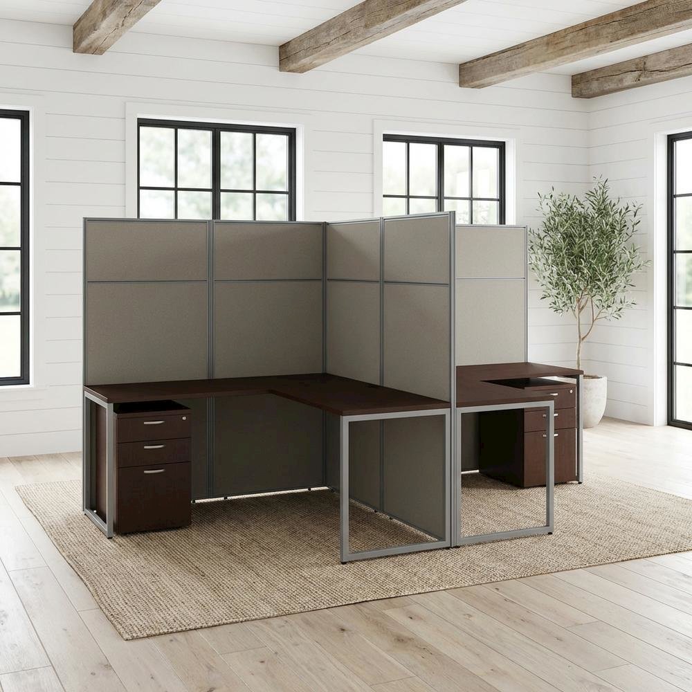 Silver L-Shaped Cubicle Desk with Drawers and Panel Privacy. Picture 2