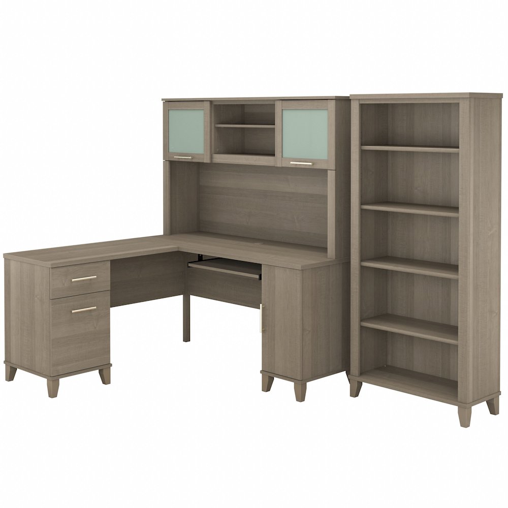 Somerset 60W L Shaped Desk with Hutch and 5 Shelf Bookcase. Picture 1