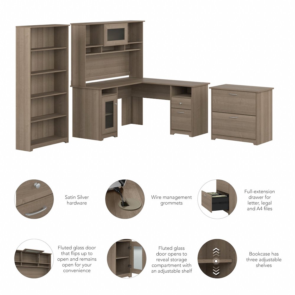 Cabot 60W L Shaped Computer Desk with Hutch, File Cabinet and Bookcase. Picture 8