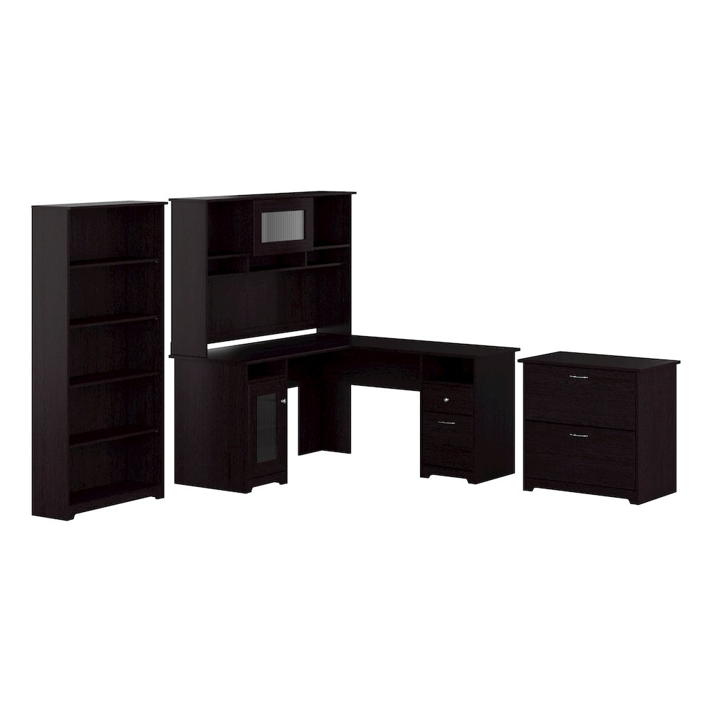 Cabot 60W L Shaped Computer Desk with Hutch, File Cabinet and Bookcase. Picture 1