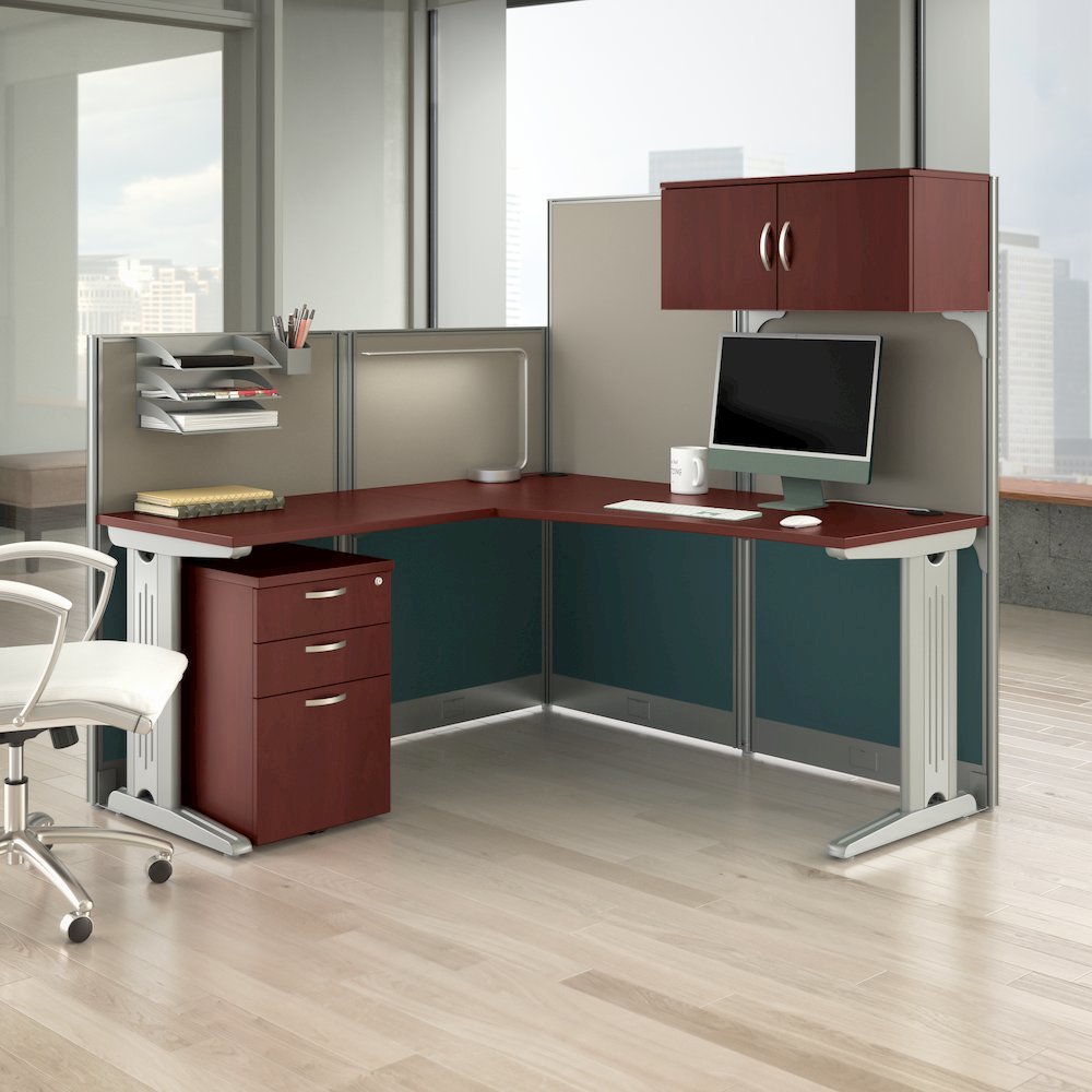 65W L Shaped Cubicle Desk with Storage, Drawers, and Organizers. Picture 2