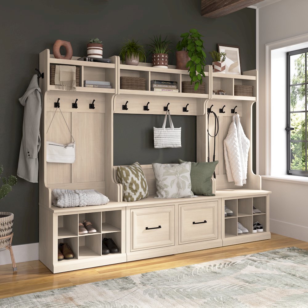Woodland Full Entryway Storage Set with Coat Rack and Shoe Bench with Doors. Picture 2