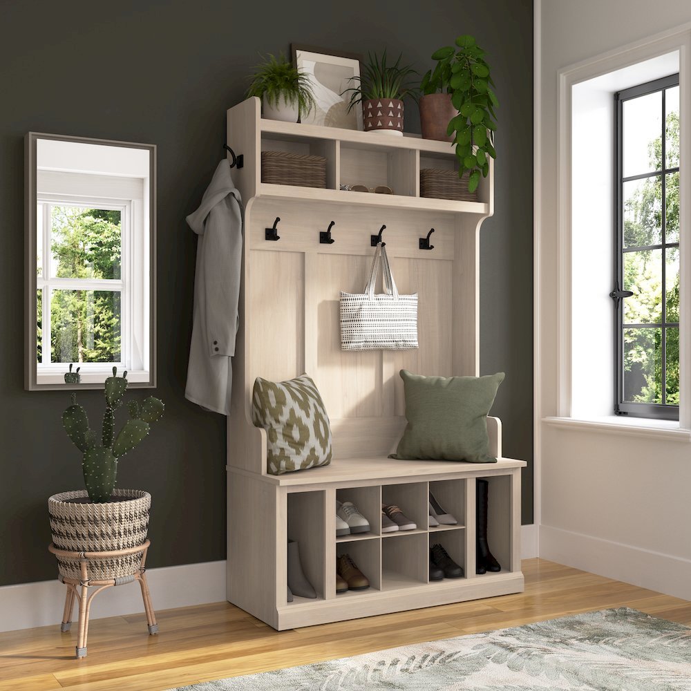 Woodland 40W Hall Tree and Shoe Storage Bench with Shelves. Picture 2