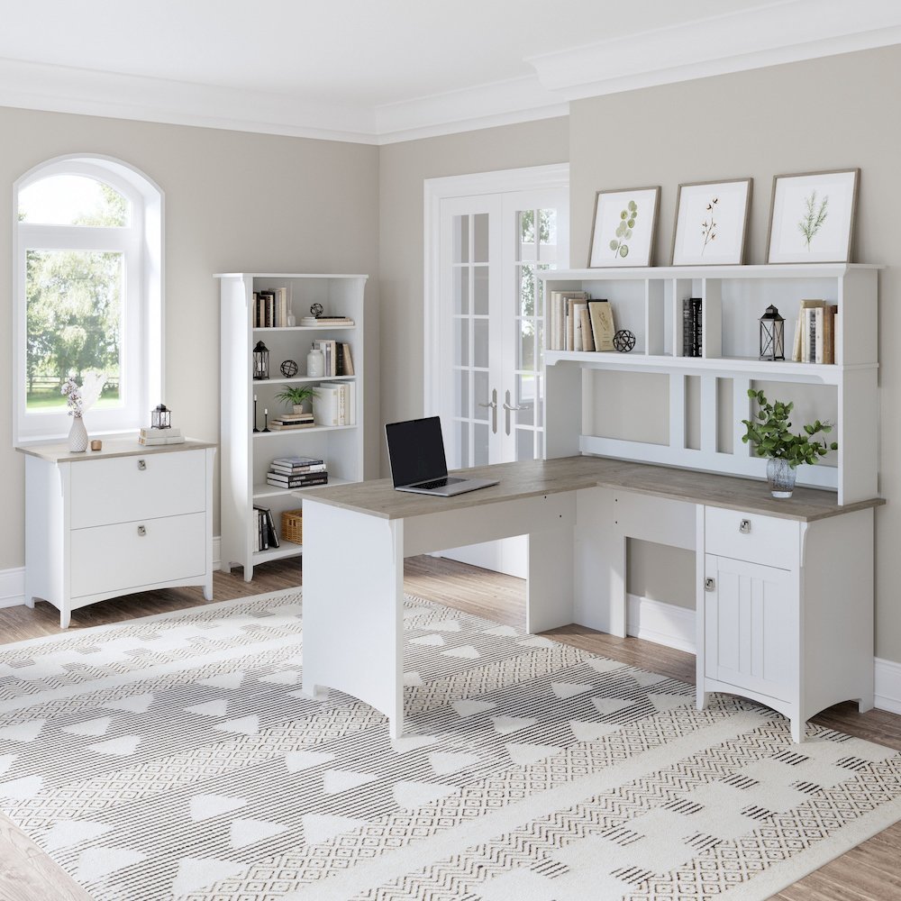 Salinas 60W L Shaped Desk with Hutch, Lateral File Cabinet and 5 Shelf Bookcase. Picture 2