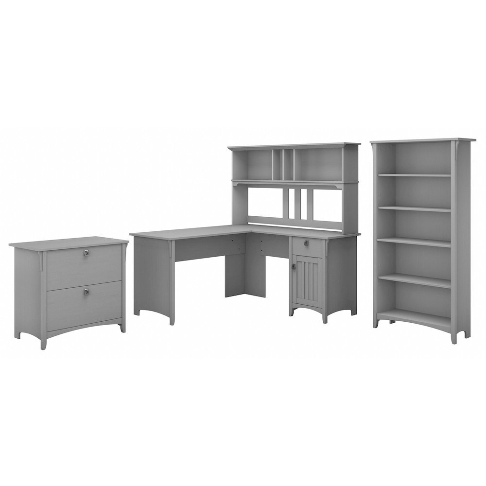 Salinas 60W L Shaped Desk with Hutch, Lateral File Cabinet and 5 Shelf Bookcase. Picture 1