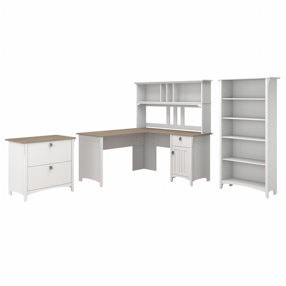 Salinas 60W L Shaped Desk with Hutch, Lateral File Cabinet and 5 Shelf Bookcase. Picture 1