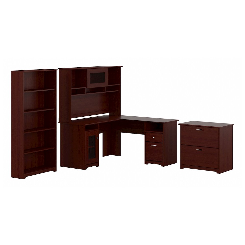 Cabot 60W L Shaped Computer Desk with Hutch, File Cabinet and Bookcase. Picture 1