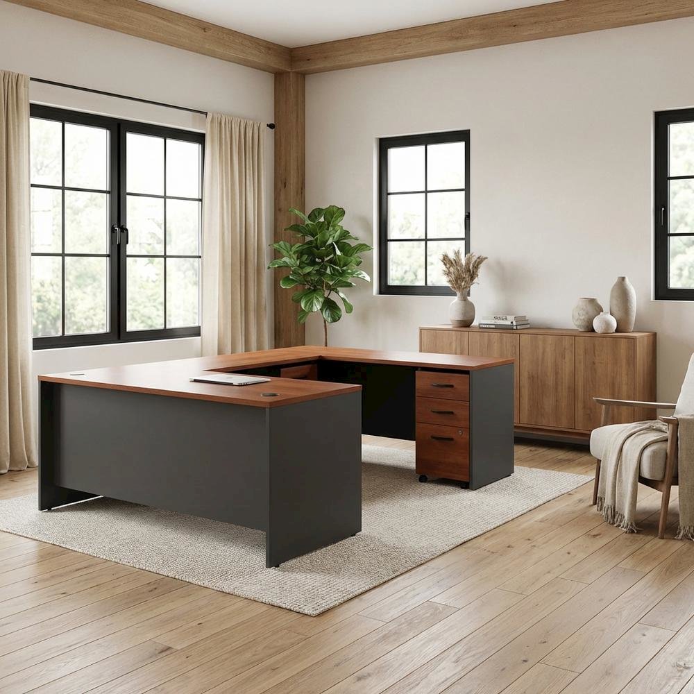 U Shaped Desk, 2 Mobile Pedestals, Hansen Cherry Finish, Classic Shell Design. Picture 3