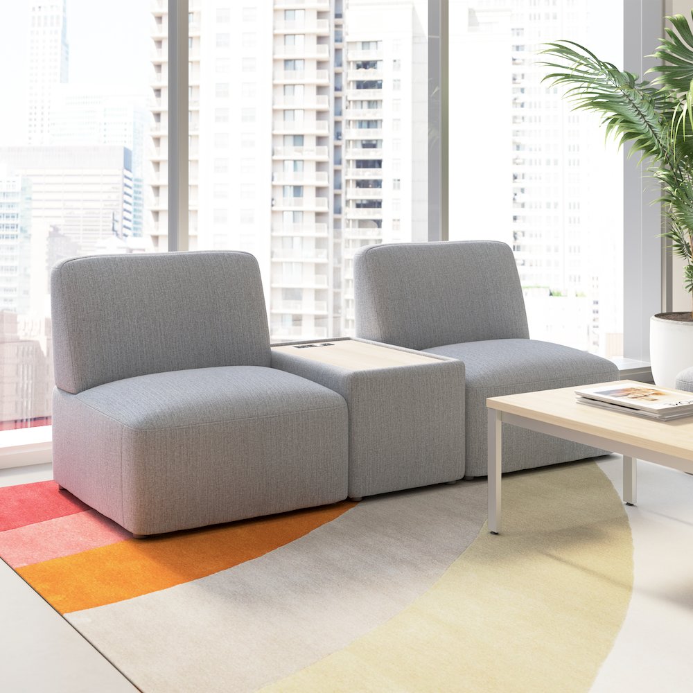 Assemble Modular 2 Seater Sectional with Charging Station in Fog Fabric. Picture 2