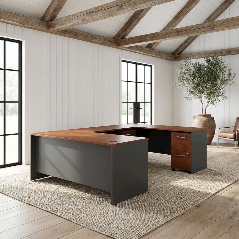 U Shaped Desk, 2 Mobile Pedestals, Hansen Cherry Finish, Classic Shell Design. Picture 2