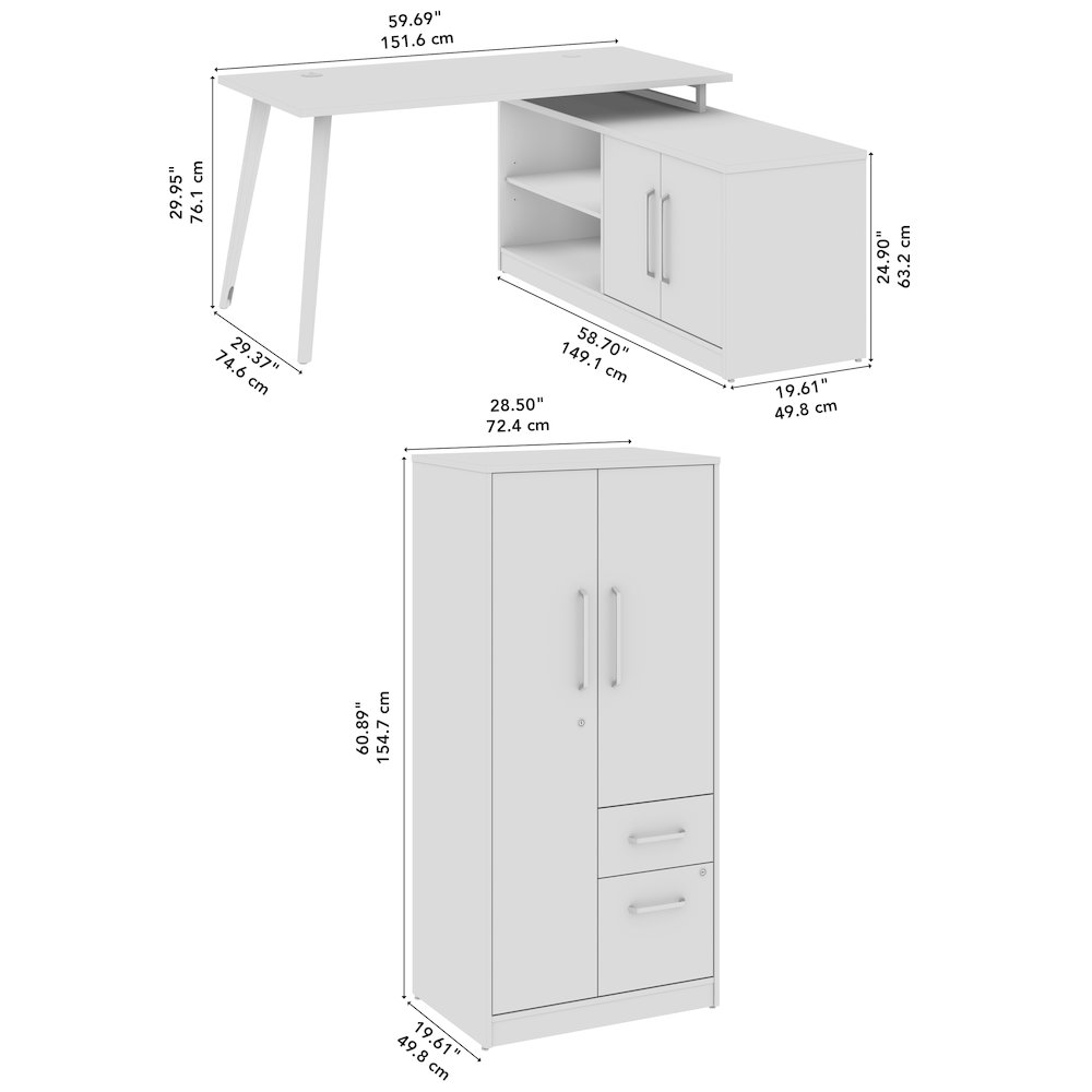 Vista 60W L Shaped Desk with Metal Legs, Low Storage Cabinet, and Wardrobe. Picture 12