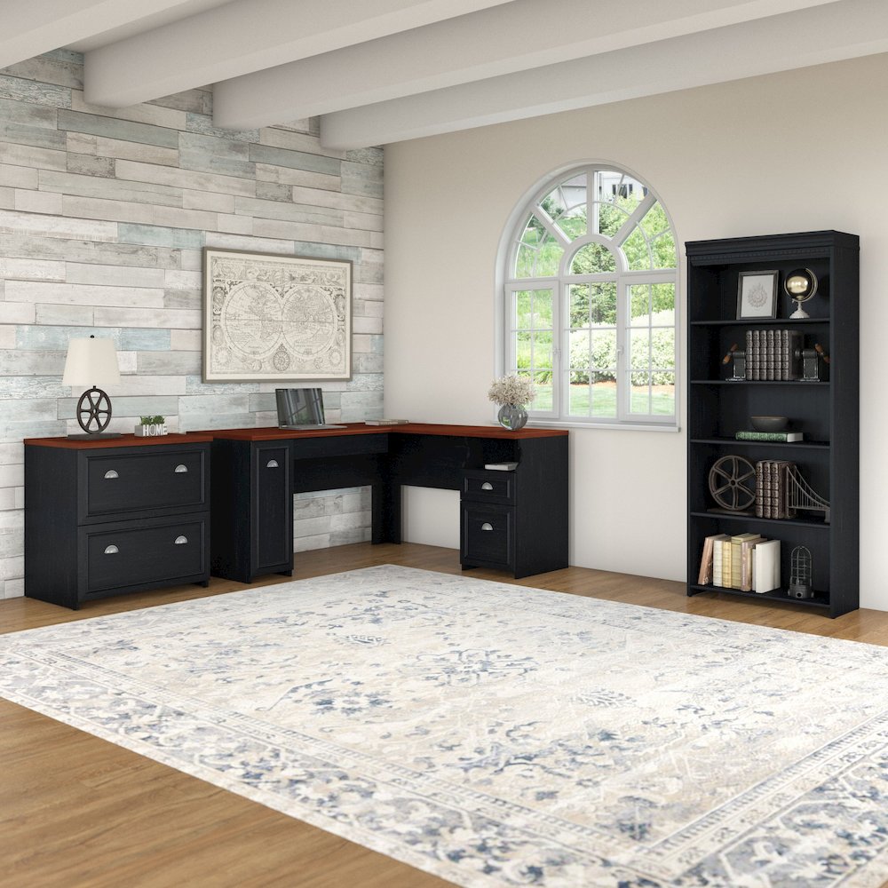 Fairview 60W L Shaped Desk with Lateral File Cabinet and 5 Shelf Bookcase. Picture 2