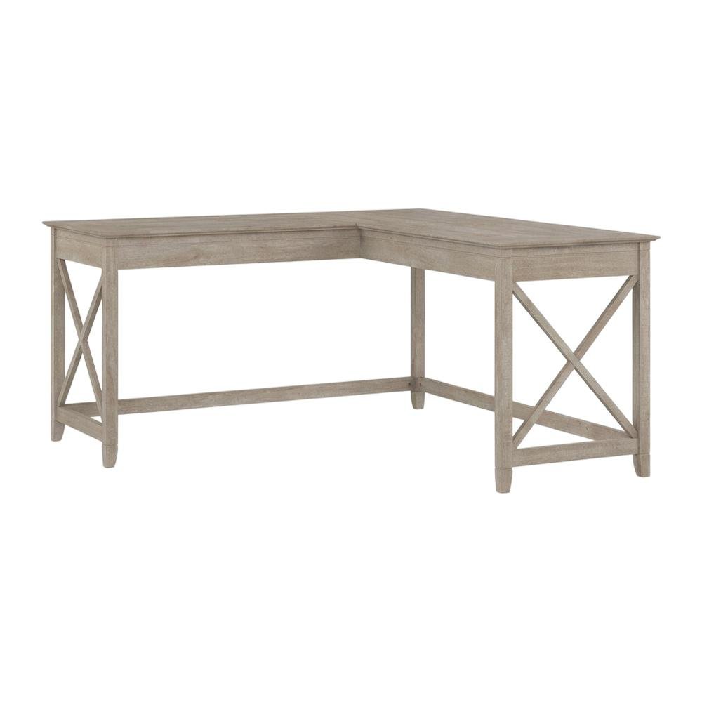 Gray L Shaped Office Desk With Farmhouse Style And Wire Management. Picture 1