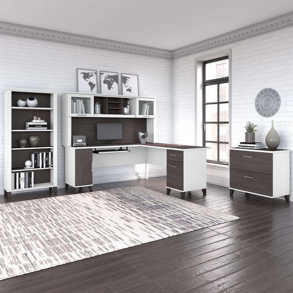 72W L Shaped Desk with Hutch, Lateral File Cabinet and Bookcase Storm Gray/White. Picture 2