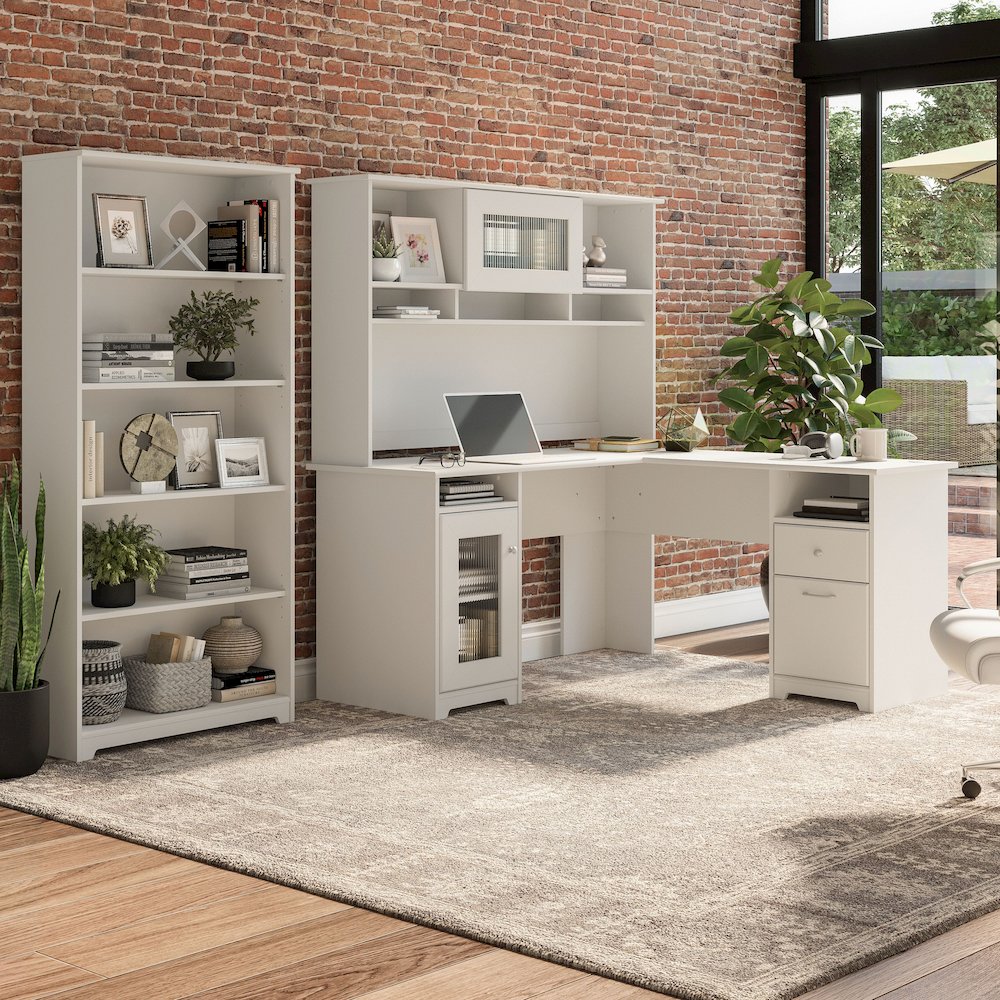 Cabot 60W L Shaped Computer Desk with Hutch and 5 Shelf Bookcase. Picture 2