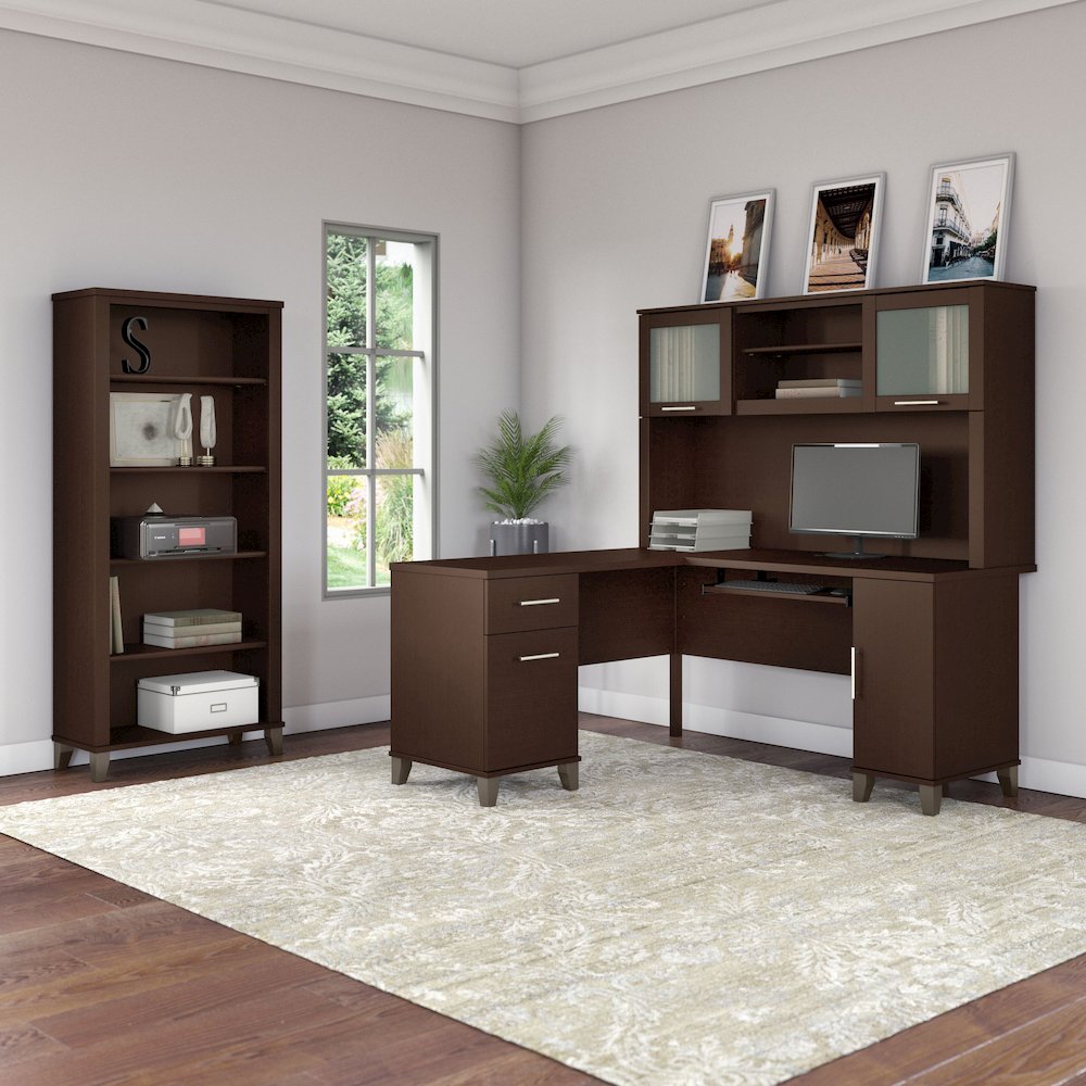 Somerset 60W L Shaped Desk with Hutch and 5 Shelf Bookcase. Picture 2
