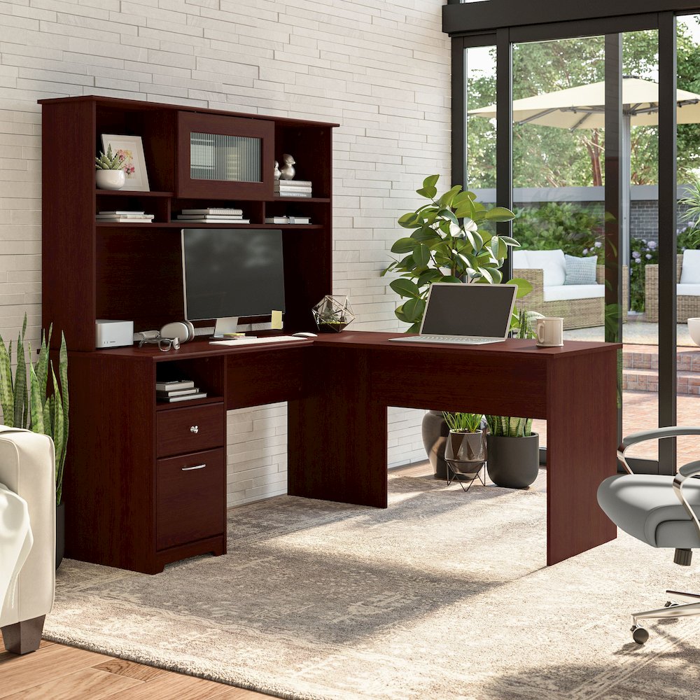 Cabot 60W L Shaped Computer Desk with Hutch and Drawers. Picture 2