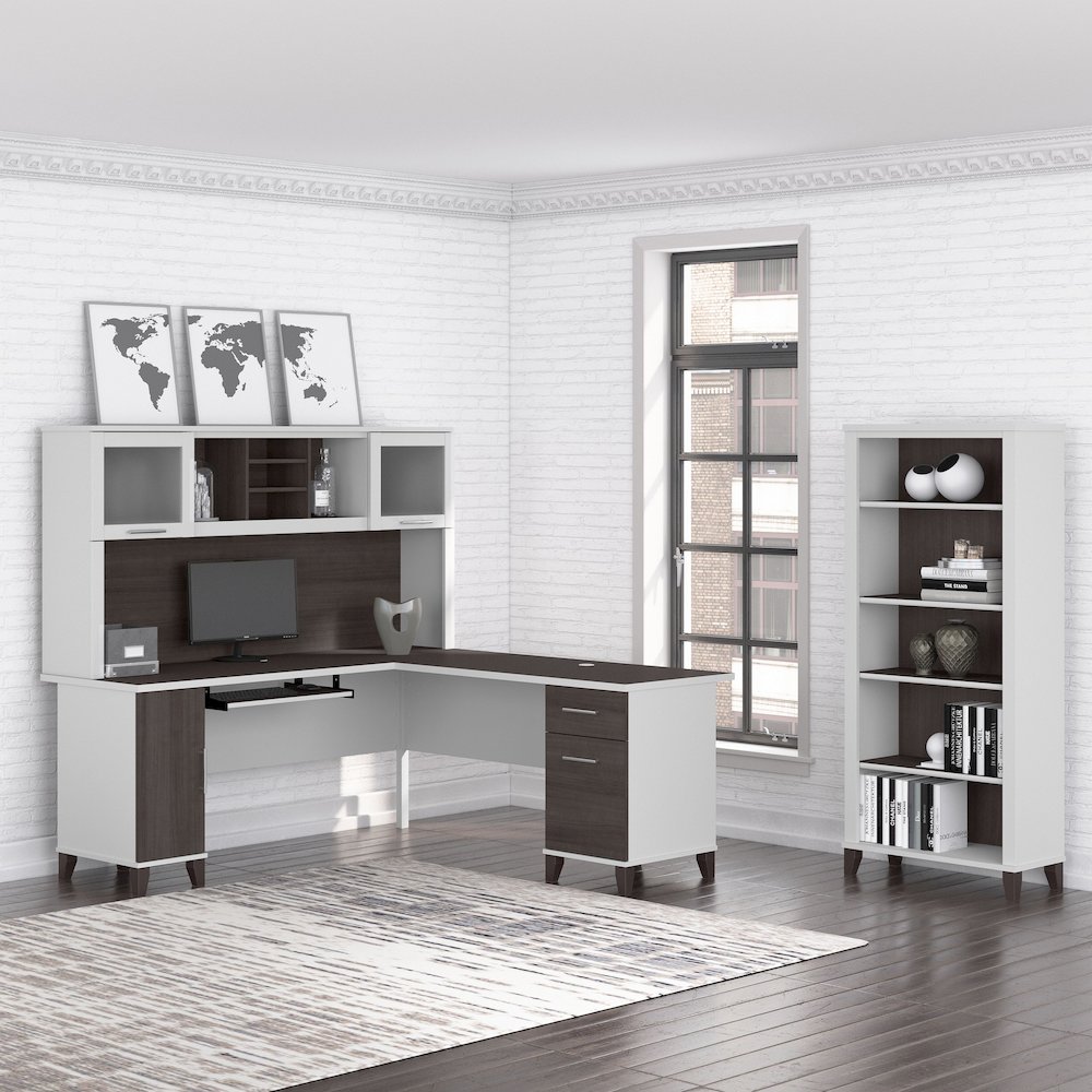 Somerset 72W L Shaped Desk with Hutch and 5 Shelf Bookcase. Picture 2
