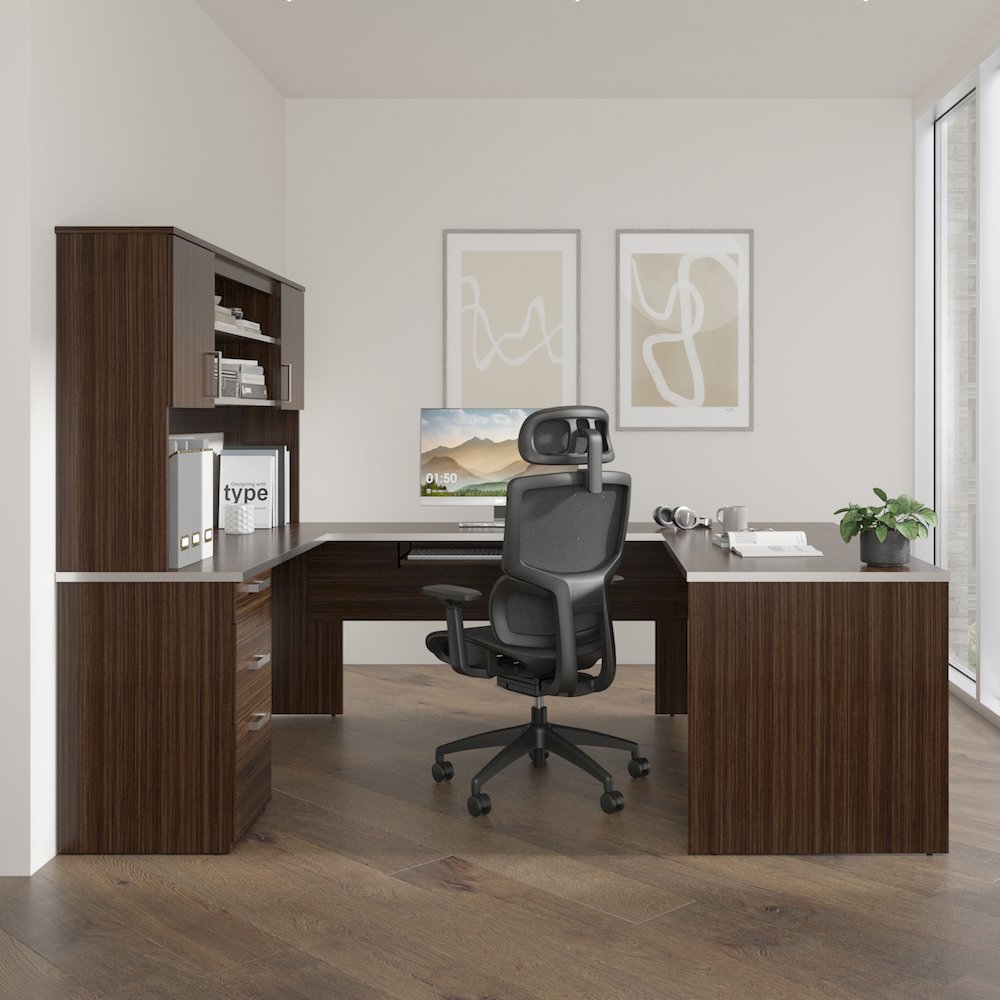 65W U-Shaped Executive Desk with Pedestal and Hutch. Picture 2