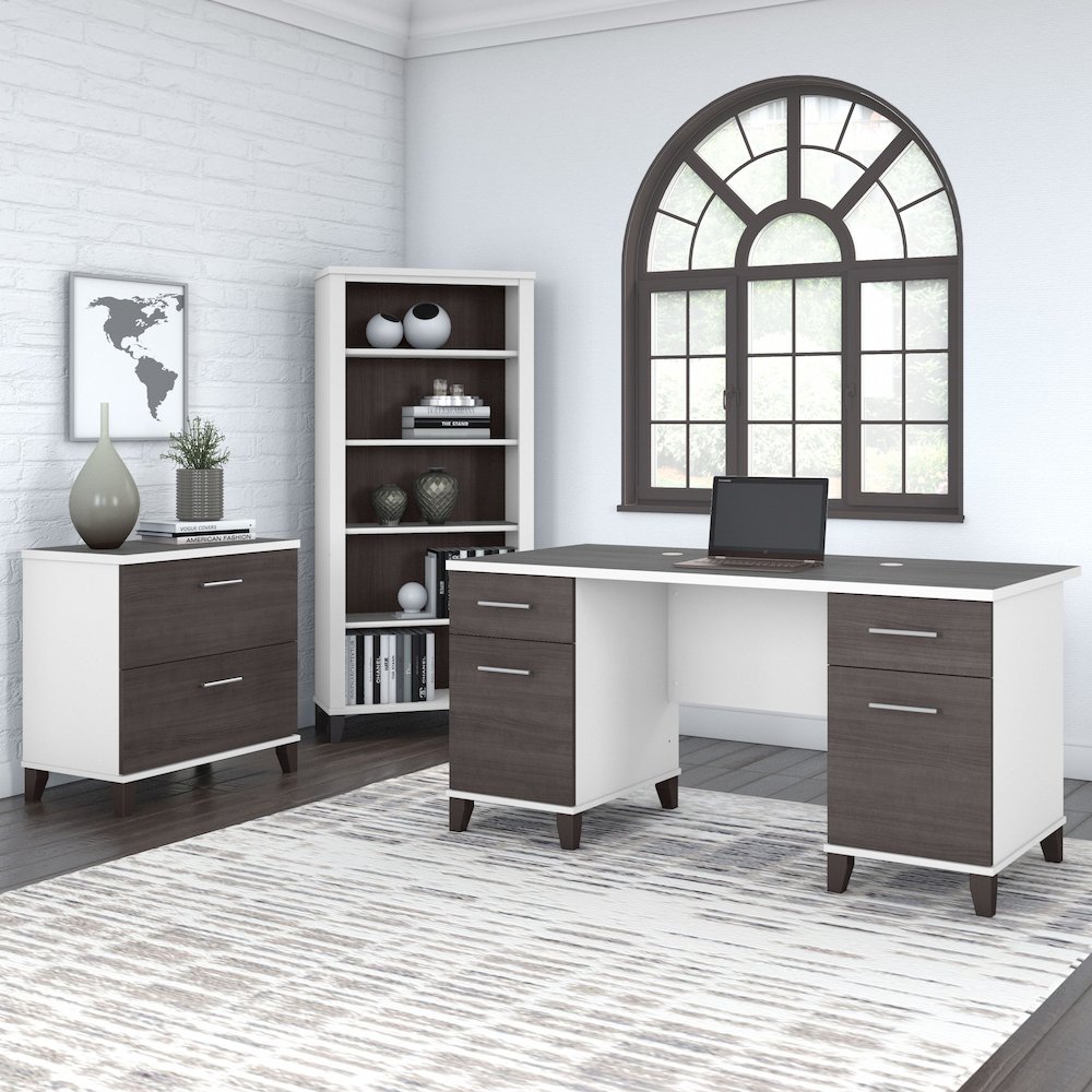 Somerset 60W Office Desk with Lateral File Cabinet and 5 Shelf Bookcase. Picture 2