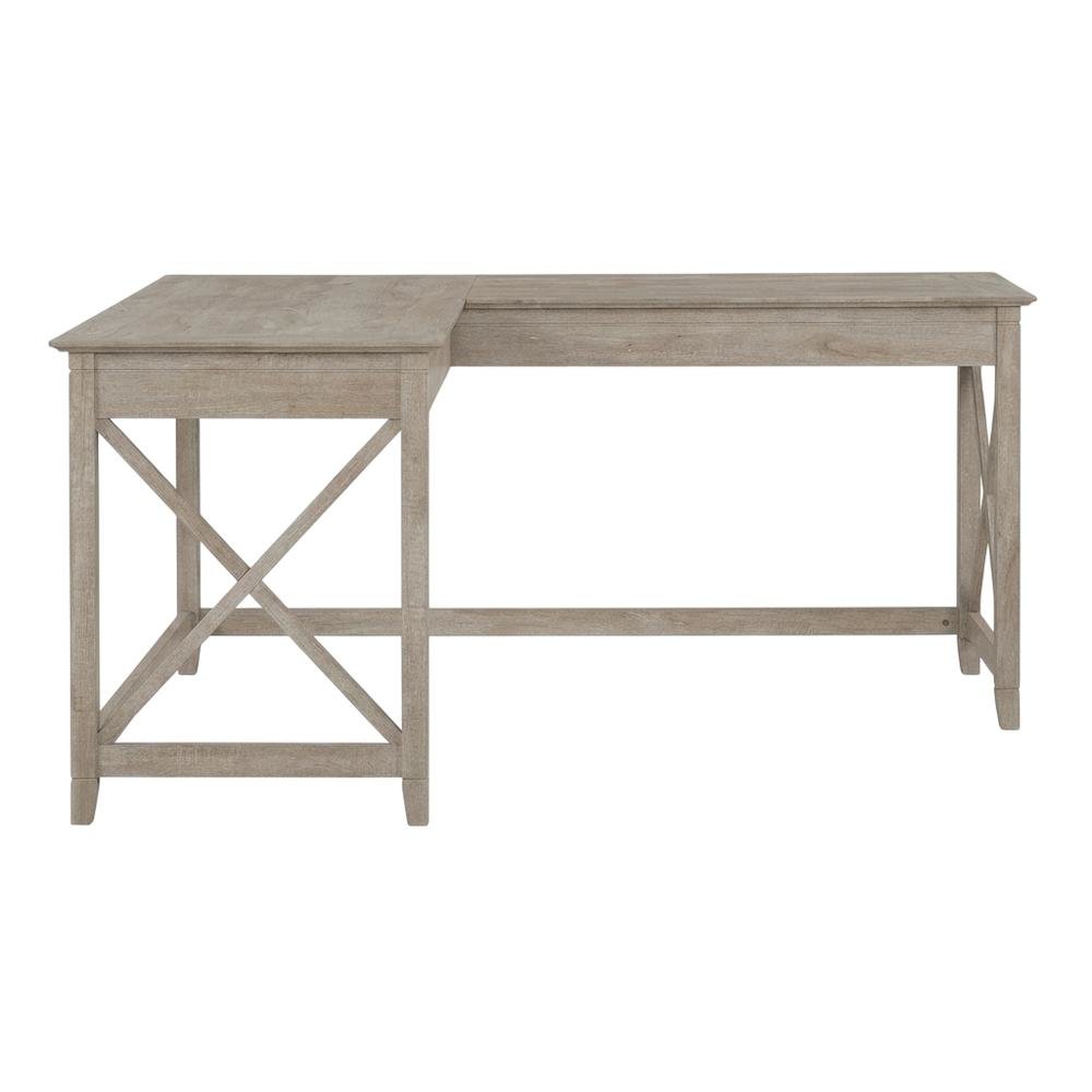 Gray L Shaped Office Desk With Farmhouse Style And Wire Management. Picture 4