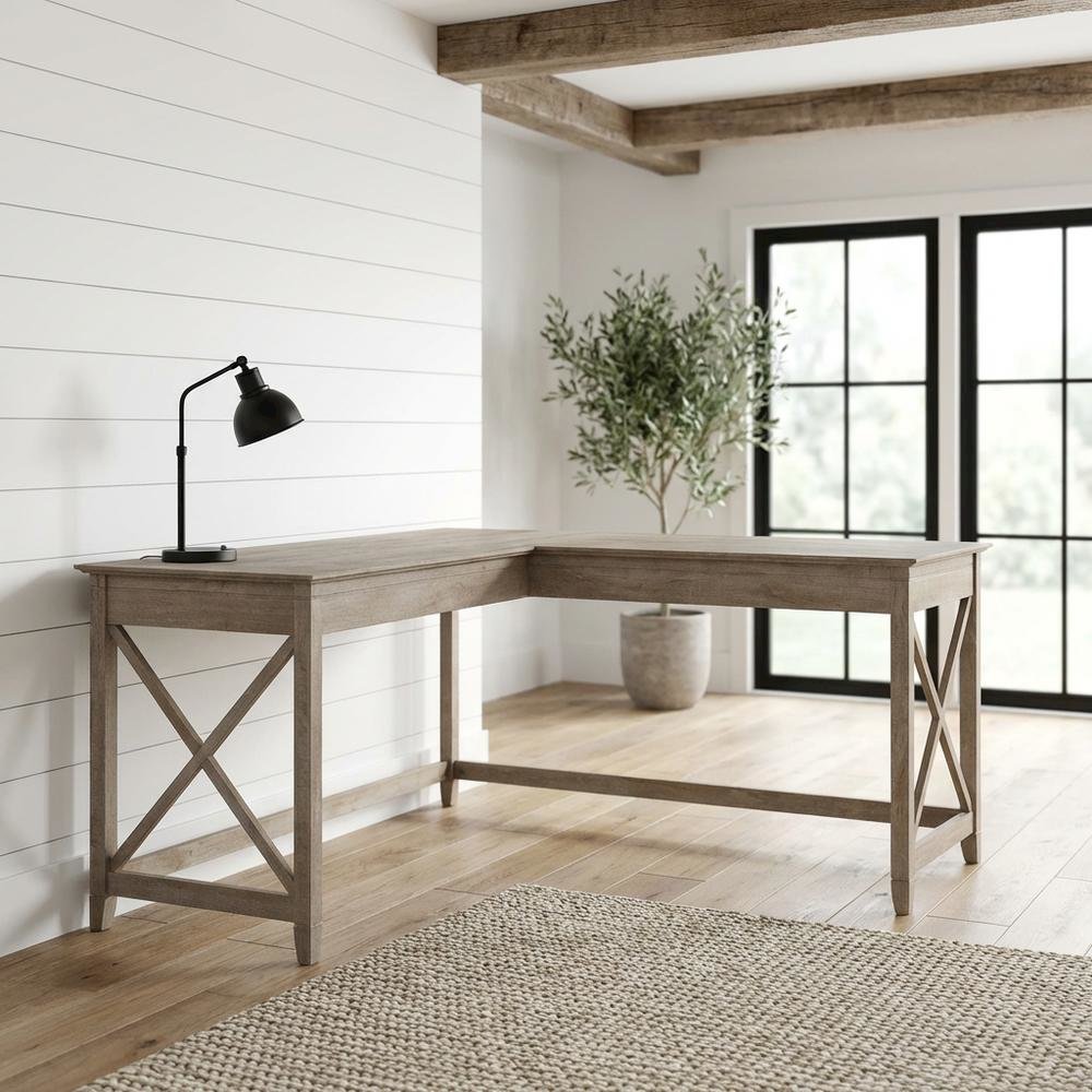 Gray L Shaped Office Desk With Farmhouse Style And Wire Management. Picture 2