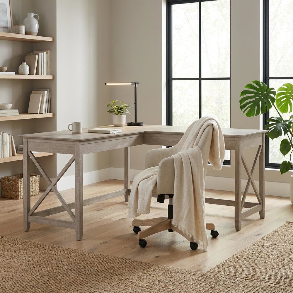 Gray L Shaped Office Desk With Farmhouse Style And Wire Management. Picture 3