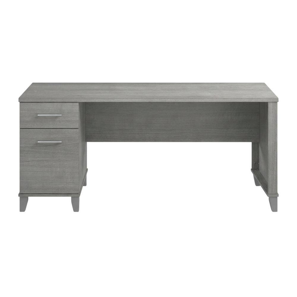 Gray Office Desk With Drawers And Wire Management For Workspace. Picture 4