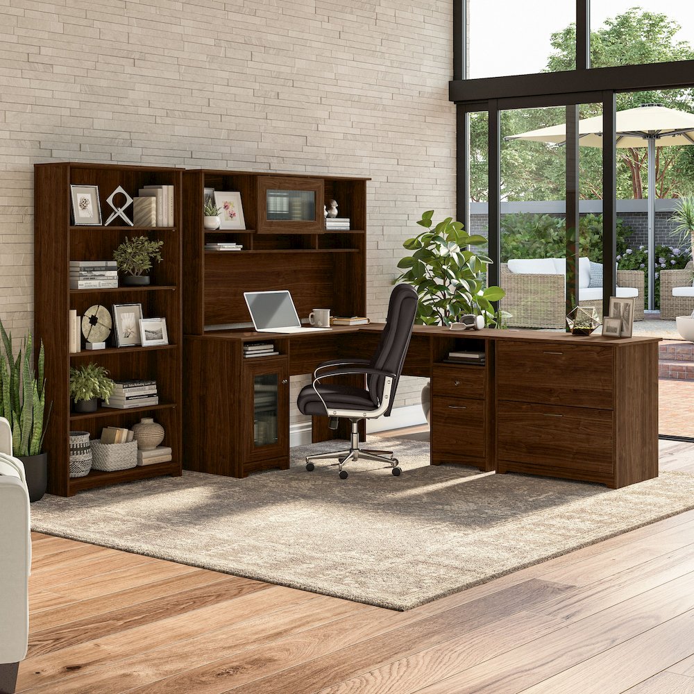 Cabot 60W L Shaped Computer Desk with Hutch, File Cabinet and Bookcase. Picture 2