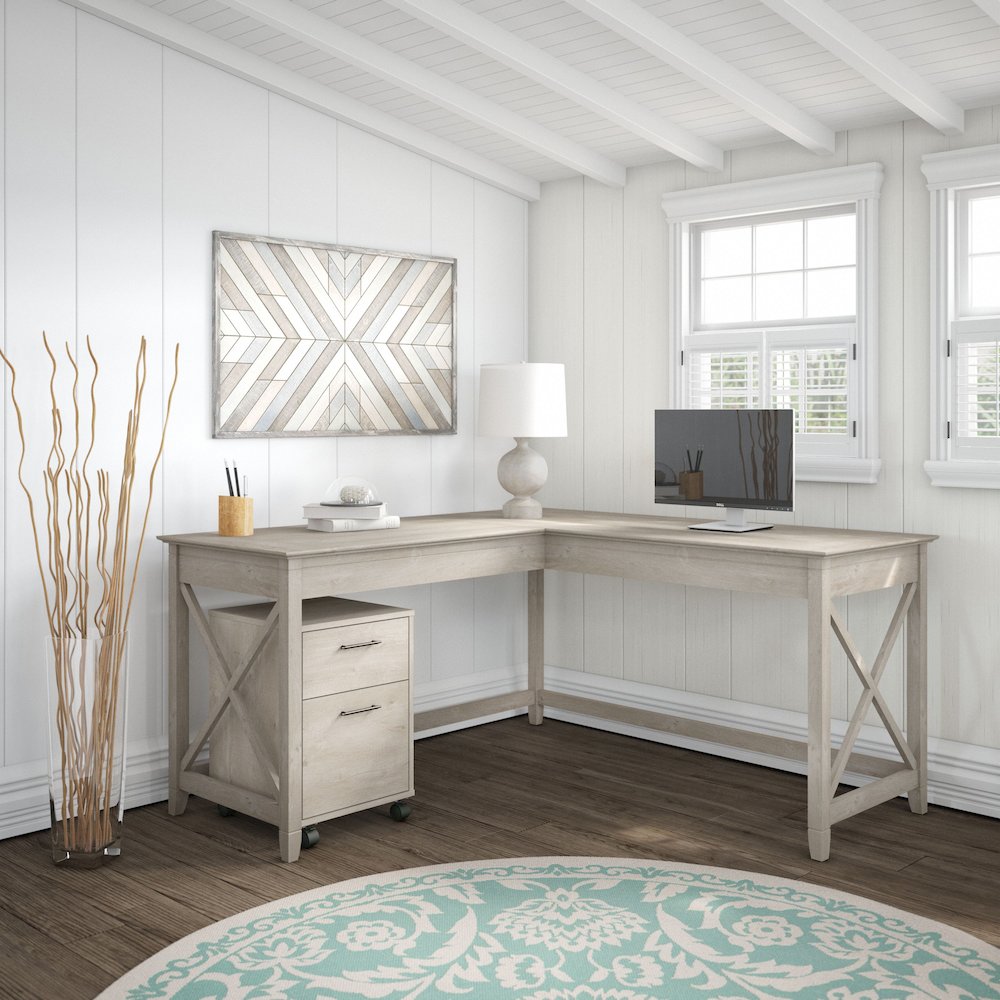 Key West 60W L Shaped Desk with 2 Drawer Mobile File Cabinet. Picture 2