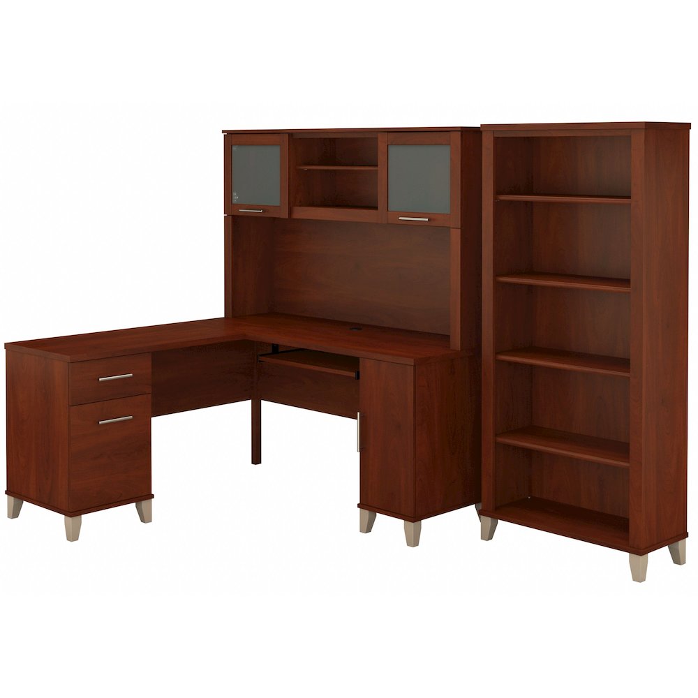 Somerset 60W L Shaped Desk with Hutch and 5 Shelf Bookcase. Picture 1