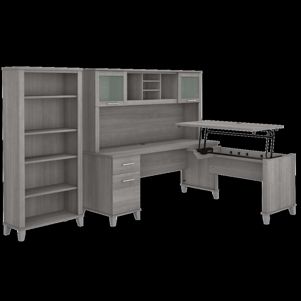 Somerset 72W 3 Position Sit to Stand L Shaped Desk with Hutch and Bookcase. Picture 1