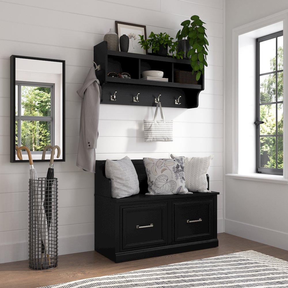 Woodland 40W Entryway Bench with Doors and Wall Mounted Coat Rack. Picture 2