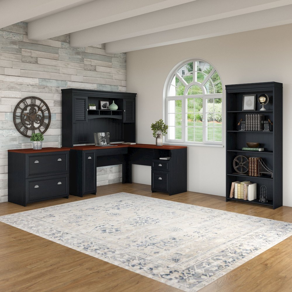 Fairview 60W L Shaped Desk with Hutch, Lateral File Cabinet and 5 Shelf Bookcase. Picture 2