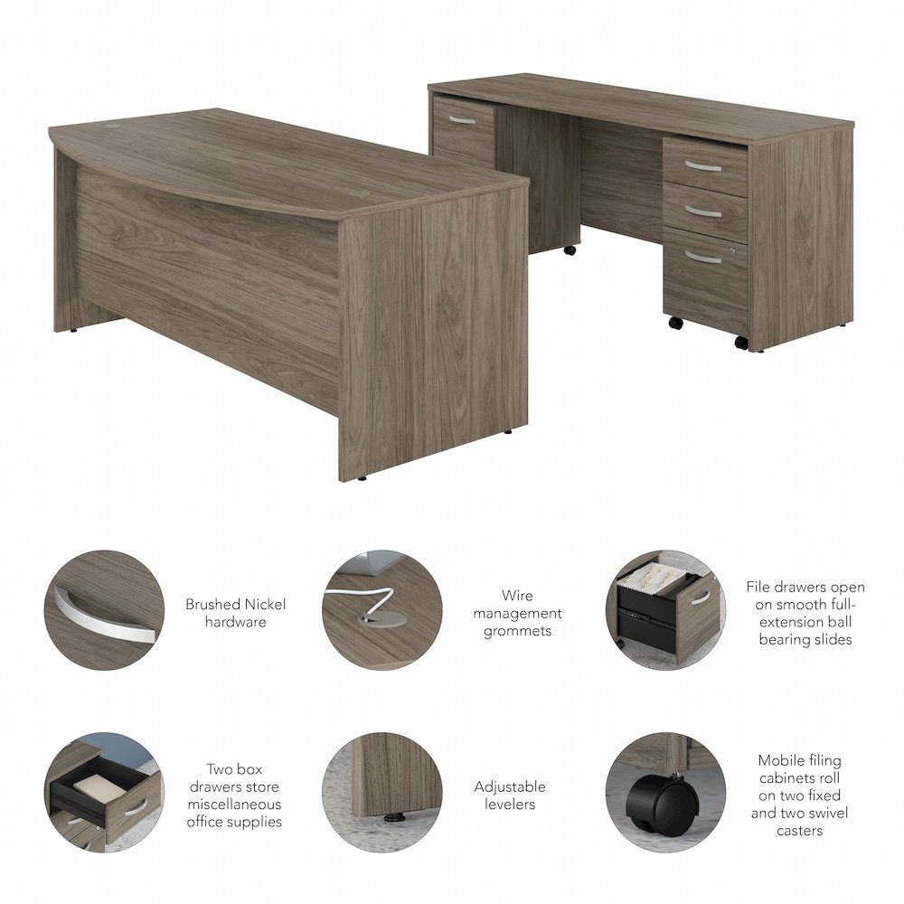 Studio C 72W x 36D Bow Front Desk and Credenza with Mobile File Cabinets. Picture 8