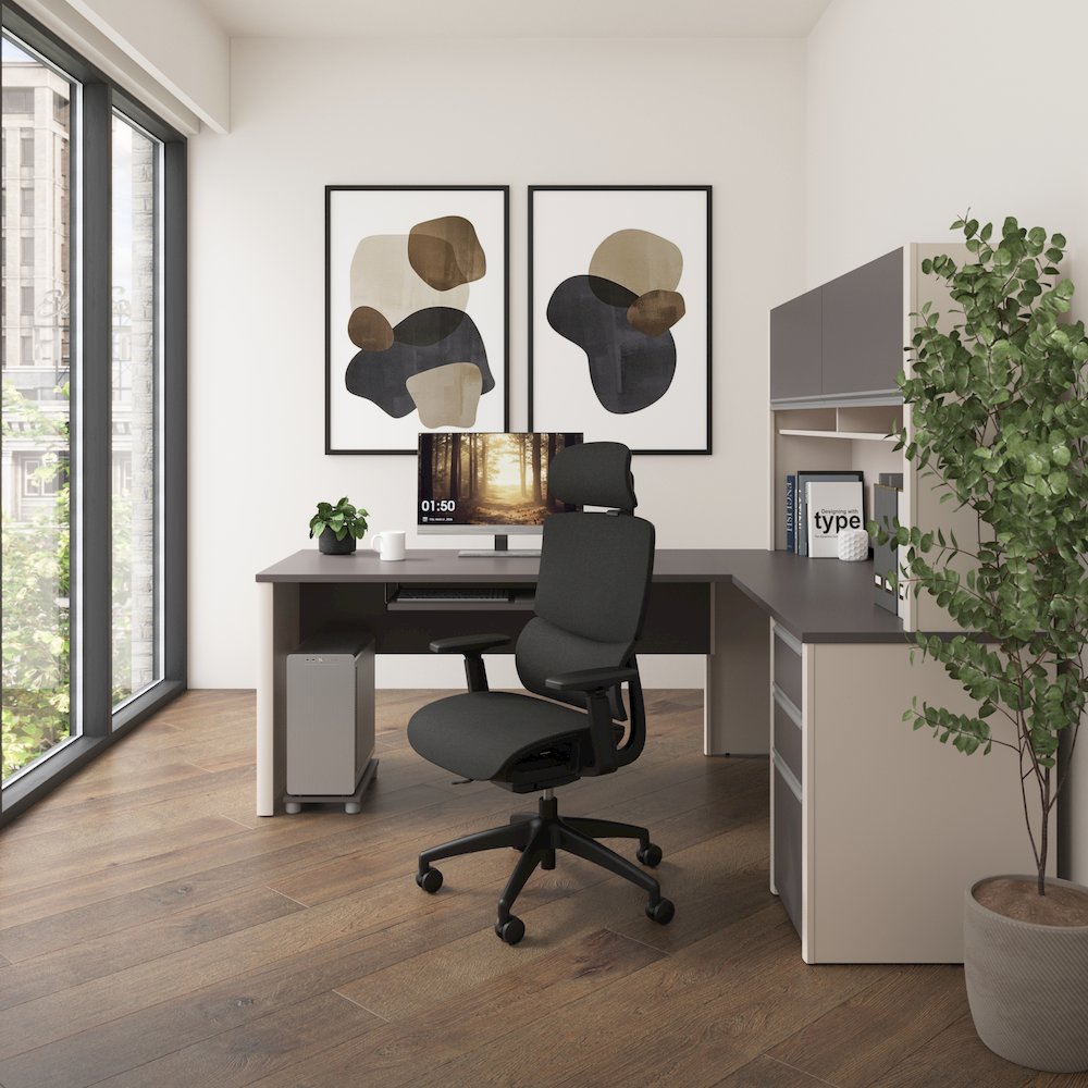 72W L-Shaped Desk with Hutch and Pedestal. Picture 2