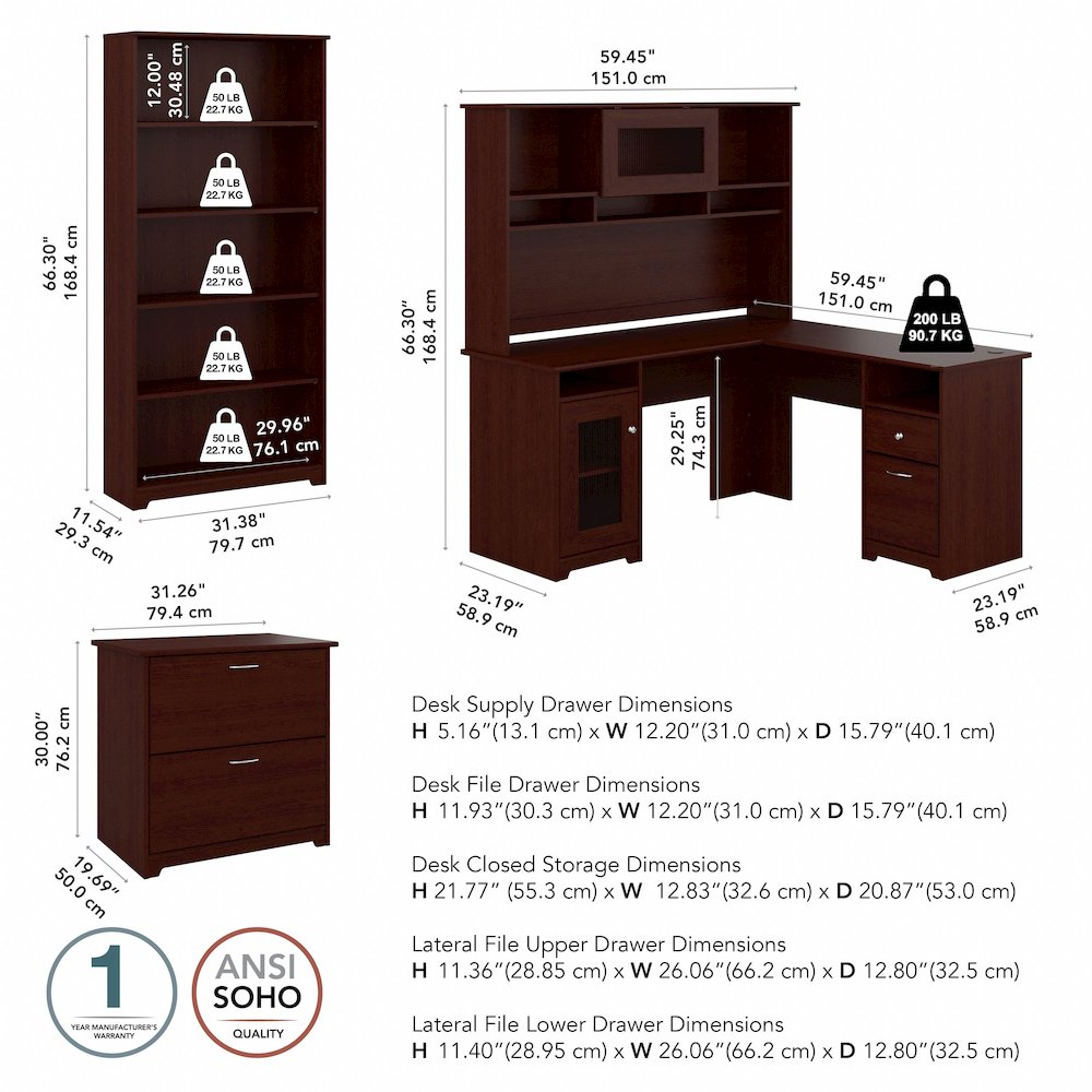 Cabot 60W L Shaped Computer Desk with Hutch, File Cabinet and Bookcase. Picture 10