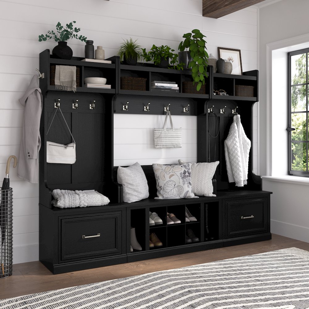 Woodland Full Entryway Storage Set with Coat Rack and Shoe Bench with Drawers. Picture 2
