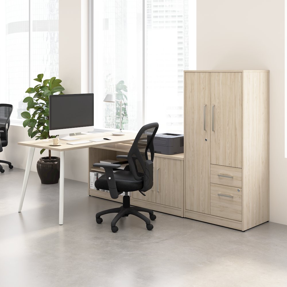 Vista 60W L Shaped Desk with Metal Legs, Low Storage Cabinet, and Wardrobe. Picture 2