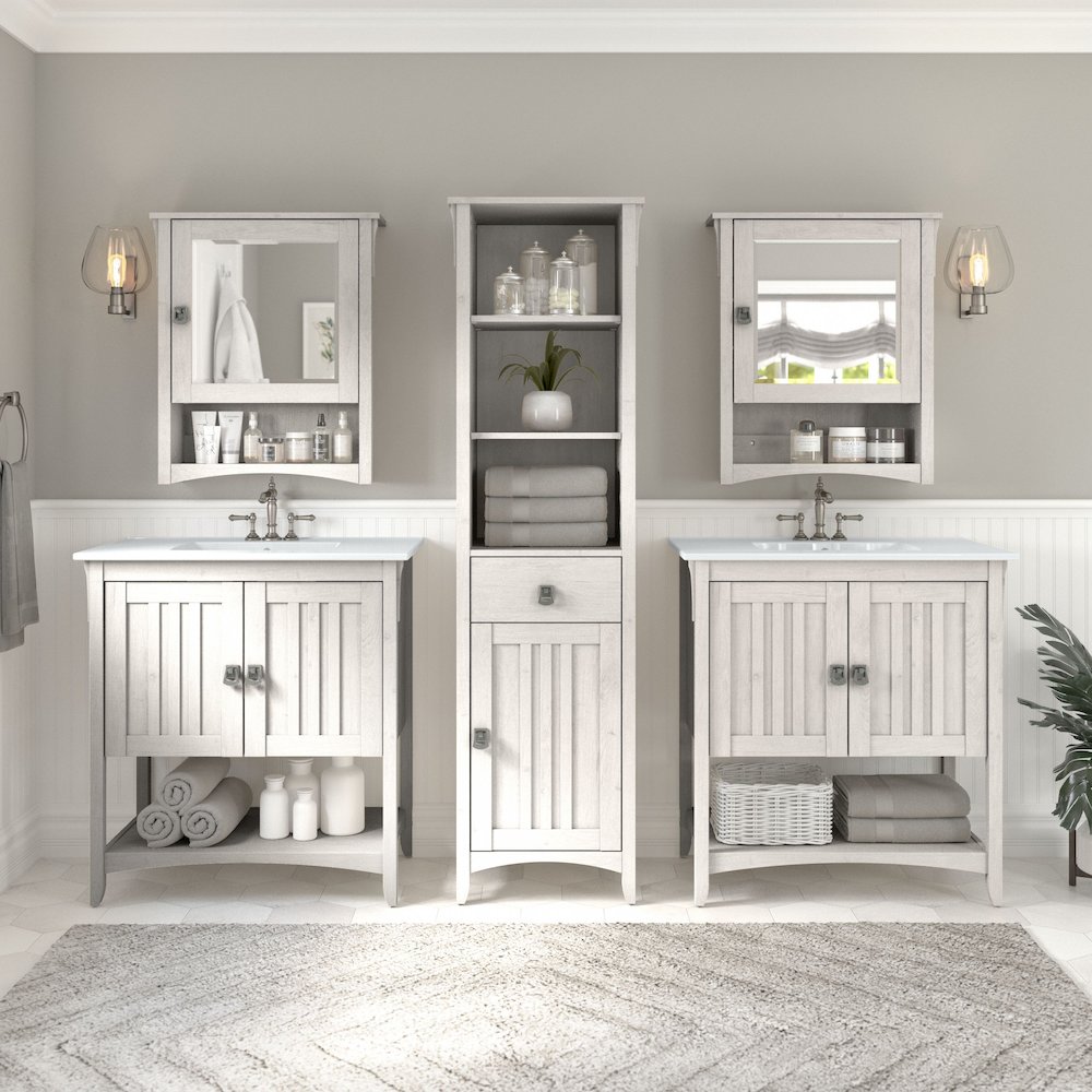 Salinas 64W Double Vanity Set with Sinks, Medicine Cabinets and Linen Tower. Picture 2